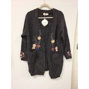 Simply‎ Couture 1XL Cardigan Gray Knit Open Front Floral Embroidery Pockets Plus